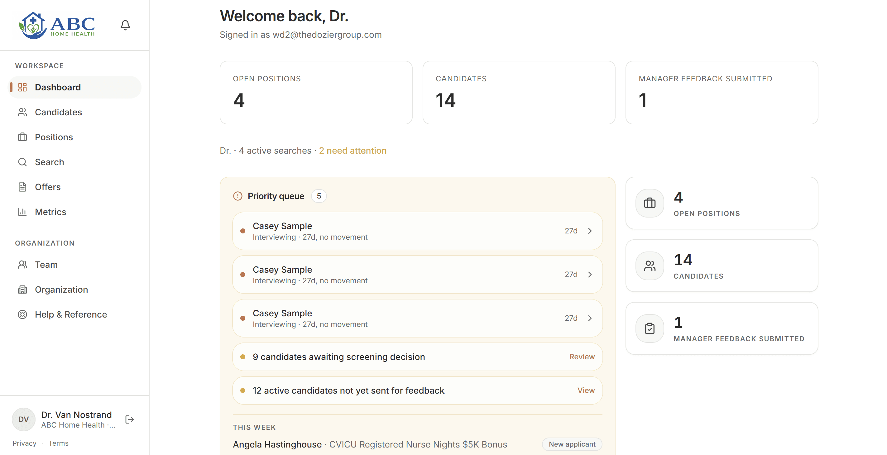 Hireware dashboard showing the priority queue, open positions, and candidates awaiting a decision